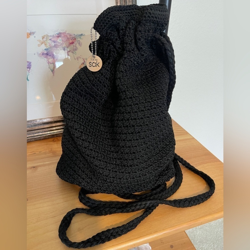 The Sak Dylan Black Boho Knit Crochet Backpack | size Medium